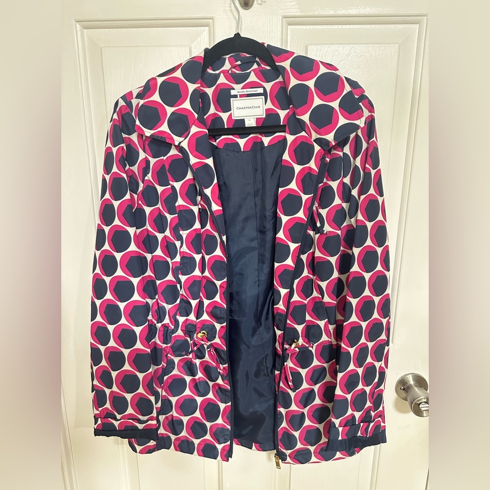 Charter Club Geometric Pink and Navy Trench Coat